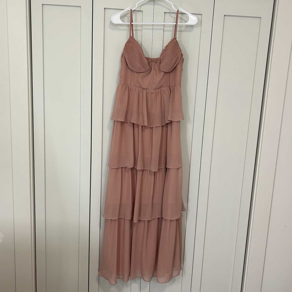 Birdy Grey Dress Womens Medium Lola Dusty Rose Pink Ruffle Tiered Bridesmaid